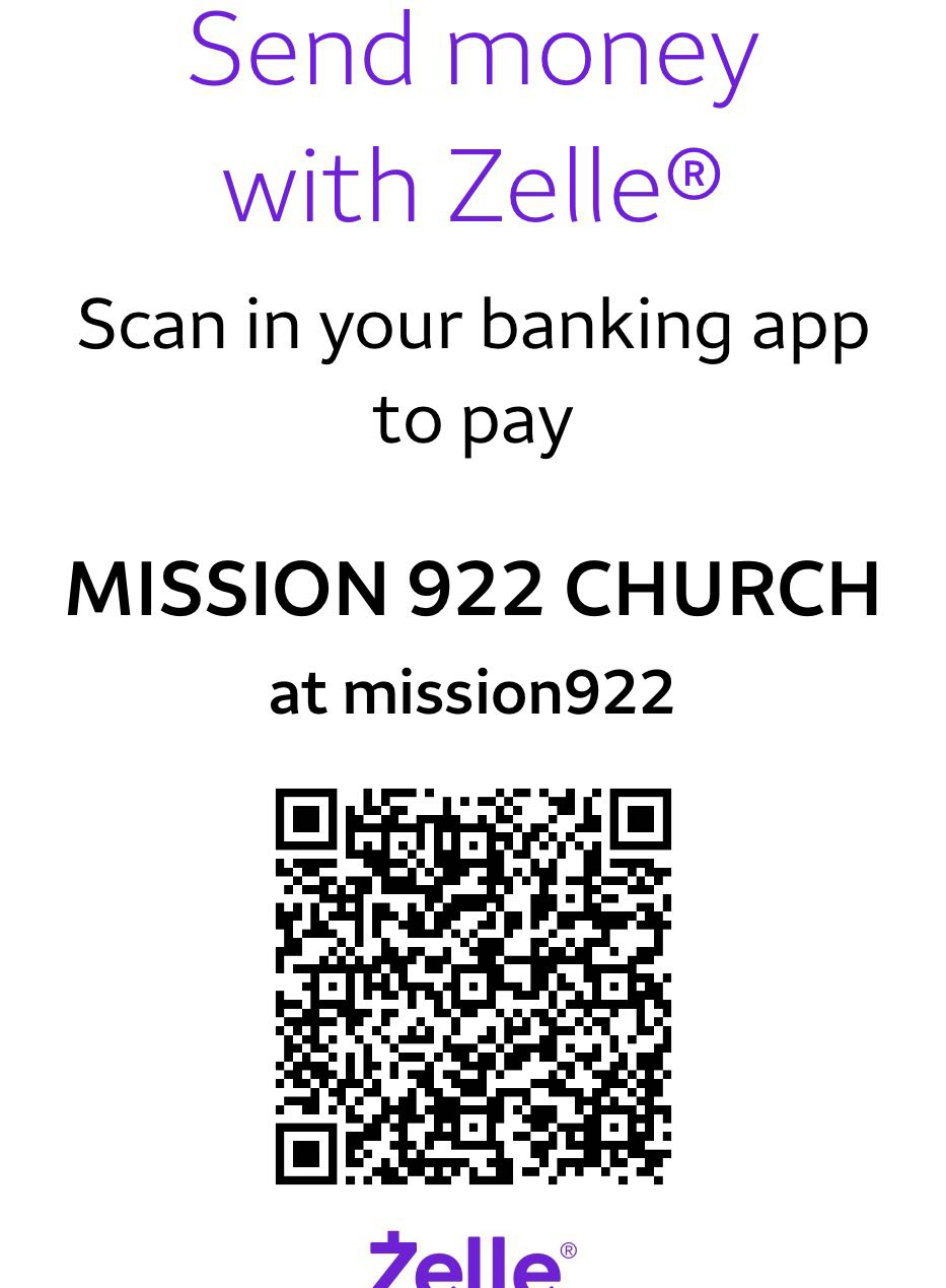 Zelle QR code for Mission 922 Church, recipient mission922